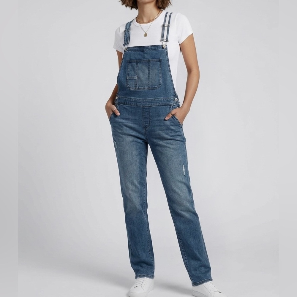 MOSSIMO Straight Leg Stretch Denim Jean Bib Boyfriend Overalls Stonewash Blue M